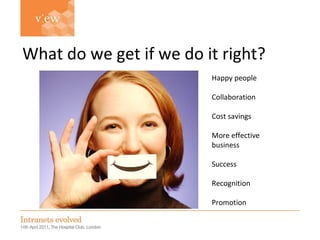 Simon Evans Happy people Collaboration Cost savings More effective business Success Recognition Promotion What do we get if we do it right?  