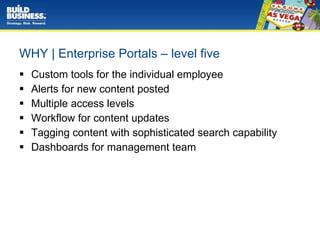 WHY | Enterprise Portals – level five Custom tools for the individual employee Alerts for new content posted  Multiple access levels Workflow for content updates Tagging content with sophisticated search capability Dashboards for management team 