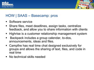 HOW | SAAS – Basecamp: pros Software service Share files, meet deadlines, assign tasks, centralize feedback, and allow you to share information with clients Highrise is a customer relationship management system  Backpack includes a group calendar, to-dos, announcements, ideas and files.  Campfire has real time chat designed exclusively for groups and allows the sharing of text, files, and code in real time No technical skills needed 