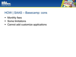 HOW | SAAS – Basecamp: cons Monthly fees Some limitations Cannot add customize applications 