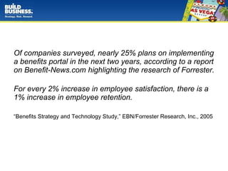 Of companies surveyed, nearly 25% plans on implementing a beneﬁts portal in the next two years, according to a report on Beneﬁt-News.com highlighting the research of Forrester. For every 2% increase in employee satisfaction, there is a 1% increase in employee retention.  “ Beneﬁts Strategy and Technology Study,” EBN/Forrester Research, Inc., 2005 