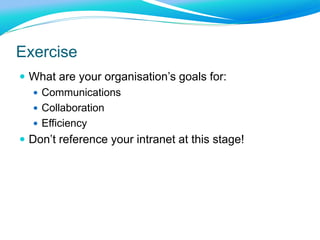 Strategy Pattern : Employee EngagementPurpose:  Our primary communication channelEnsure everyone gets single version of the truthConnect leaders with our peopleGoals:Support sense of ‘one’ organisationEnsure all employees have accessFirst port of call for informationMeasures: Unique visitors\article; %workforce access monthly; employee survey; #locations represented by sitesImplementation:Year 1: All business units; Year 2: Local sites per countryEncourage internal networking and 2-way communicationPersonalization to target news by profile