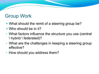 ExerciseUsing the benefits tree you did earlierWhat would 2 input measures be?Think about things you can directly influence on the left sideWhat would 2 outcome measures be?What would be a measure in the ‘Benefits’ or ‘Outcome’ columns?With the person next to you:Explain the measuresDiscuss: how might you go about collecting the data?
