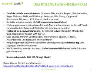 Das IntraNETwork-Basis-Paket 
Das neue IntraNETwork 15 
•Einblicke in viele andere Intranets (Vorwerk, TÜV, Airplus, Fraport, Goethe Institut, Bayer, Mainova, DMK, ANWR Group, Swisscom, Witt Group, Capgemini, Bertelsman, TUI, real,-, IKEA, Celesio, SMA, usw. usw.) 
•Kontakte knüpfen zu mehr als 300 Intranetverantwortlichen! 
•Erfahrungsaustausch mit anderen Intranet-Teams unter anderem im IntraNETwork- Forum ohneAgenturen und Hersteller, die nicht zugelassen sind! 
•Tools und kleine Anwendungen für Ihr Intranet (Adventskalender, Mitarbeiter- Quiz, Tippspiel zur Fußball WM 2014...) 
•Case-Studies, Intranet-Vorstellungen, Informationen, Studien, E-Books, Präsentationen , Podcasts zum Thema Intranet 
•Vergünstigte oder kostenfreie Teilnahme beim regelmäßigen IntraNET-Tagund Zugang zu allen Präsentationen 
•Alle Screenshots von den Intranets, die bei den IntraNET-Awards in die 2. Runde gekommen sind(Paketpreis pro Jahr EUR 259,00 zzgl. MwSt.) 
Gerne können Sie sich anmelden unter: http://intranetberater.de/index.php/mitglied-werden-im-intranetwork  