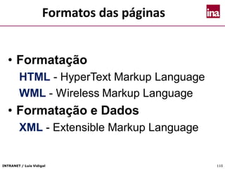 INTRANET / Luís Vidigal 110
Formatos das páginas
• Formatação
HTML - HyperText Markup Language
WML - Wireless Markup Language
• Formatação e Dados
XML - Extensible Markup Language
 