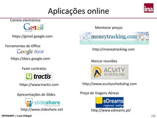 INTRANET / Luís Vidigal 122
Aplicações online
https://gmail.google.com
http://moneytracking.com
https://www.tractis.com
https://docs.google.com
http://www.acuityscheduling.com
Marcar reuniões
Fazer contratos
Ferramentas de Office
Correio electrónico
Preço de Viagens Aéreas
http://www.edreams.pt/
Monitorar preços
Apresentações de Slides
http://www.slideshare.net
 
