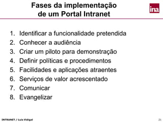 INTRANET / Luís Vidigal 21
Fases da implementação
de um Portal Intranet
1. Identificar a funcionalidade pretendida
2. Conhecer a audiência
3. Criar um piloto para demonstração
4. Definir políticas e procedimentos
5. Facilidades e aplicações atraentes
6. Serviços de valor acrescentado
7. Comunicar
8. Evangelizar
 