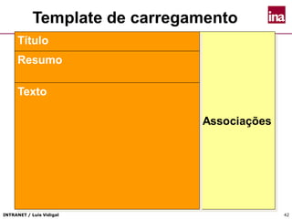 INTRANET / Luís Vidigal 42
Template de carregamento
Associações
Título
Resumo
Texto
 