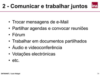 INTRANET / Luís Vidigal 74
2 - Comunicar e trabalhar juntos
• Trocar mensagens de e-Mail
• Partilhar agendas e convocar reuniões
• Fórum
• Trabalhar em documentos partilhados
• Áudio e videoconferência
• Votações electrónicas
• etc.
 