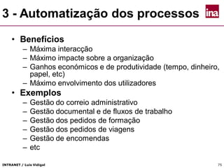 INTRANET / Luís Vidigal 75
3 - Automatização dos processos
• Benefícios
– Máxima interacção
– Máximo impacte sobre a organização
– Ganhos económicos e de produtividade (tempo, dinheiro,
papel, etc)
– Máximo envolvimento dos utilizadores
• Exemplos
– Gestão do correio administrativo
– Gestão documental e de fluxos de trabalho
– Gestão dos pedidos de formação
– Gestão dos pedidos de viagens
– Gestão de encomendas
– etc
 