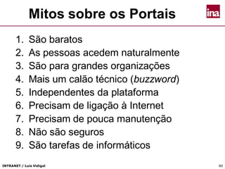 INTRANET / Luís Vidigal 80
Mitos sobre os Portais
1. São baratos
2. As pessoas acedem naturalmente
3. São para grandes organizações
4. Mais um calão técnico (buzzword)
5. Independentes da plataforma
6. Precisam de ligação à Internet
7. Precisam de pouca manutenção
8. Não são seguros
9. São tarefas de informáticos
 