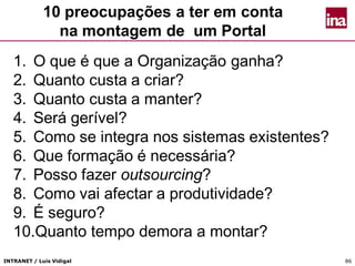 INTRANET / Luís Vidigal 86
1. O que é que a Organização ganha?
2. Quanto custa a criar?
3. Quanto custa a manter?
4. Será gerível?
5. Como se integra nos sistemas existentes?
6. Que formação é necessária?
7. Posso fazer outsourcing?
8. Como vai afectar a produtividade?
9. É seguro?
10.Quanto tempo demora a montar?
10 preocupações a ter em conta
na montagem de um Portal
 