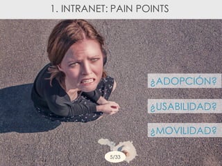 5/33
¿MOVILIDAD?
¿USABILIDAD?
¿ADOPCIÓN?
1. INTRANET: PAIN POINTS
 