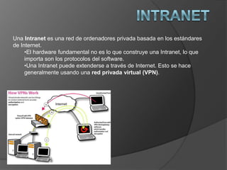 Intranet Una Intranet es una red de ordenadores privada basada en los estándares de Internet. ,[object Object]