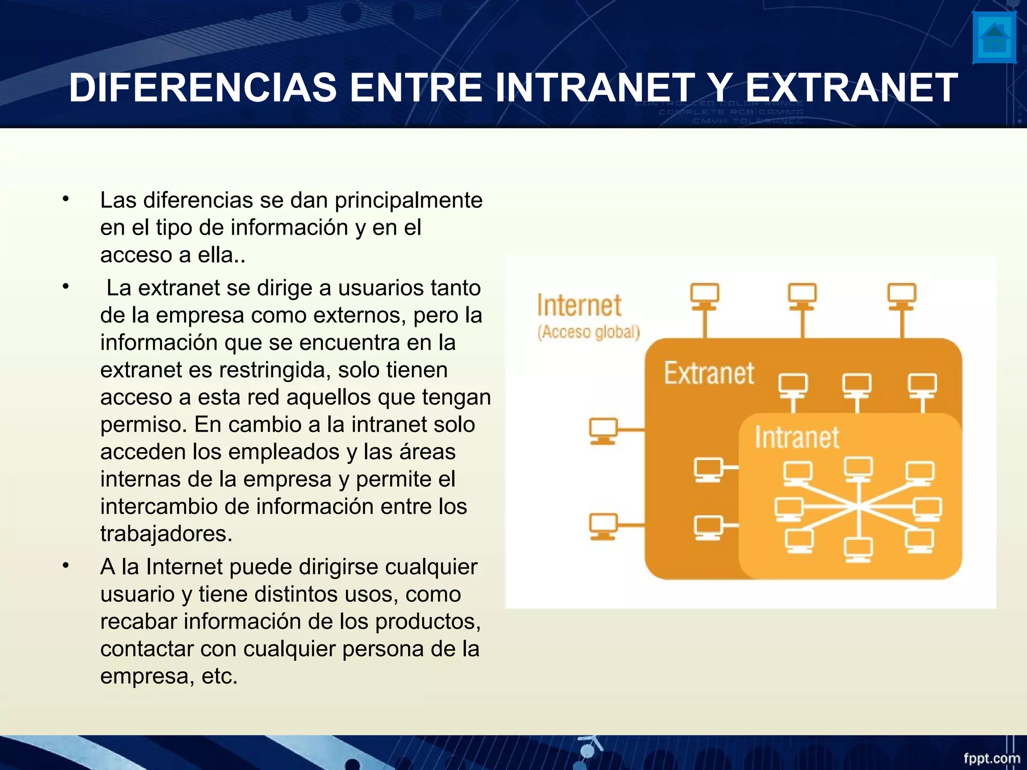 DIFERENCIAS ENTRE INTRANET Y EXTRANET
• Las diferencias se dan principalmente
en el tipo de información y en el
acceso a ella..
• La extranet se dirige a usuarios tanto
de la empresa como externos, pero la
información que se encuentra en la
extranet es restringida, solo tienen
acceso a esta red aquellos que tengan
permiso. En cambio a la intranet solo
acceden los empleados y las áreas
internas de la empresa y permite el
intercambio de información entre los
trabajadores.
• A la Internet puede dirigirse cualquier
usuario y tiene distintos usos, como
recabar información de los productos,
contactar con cualquier persona de la
empresa, etc.
 