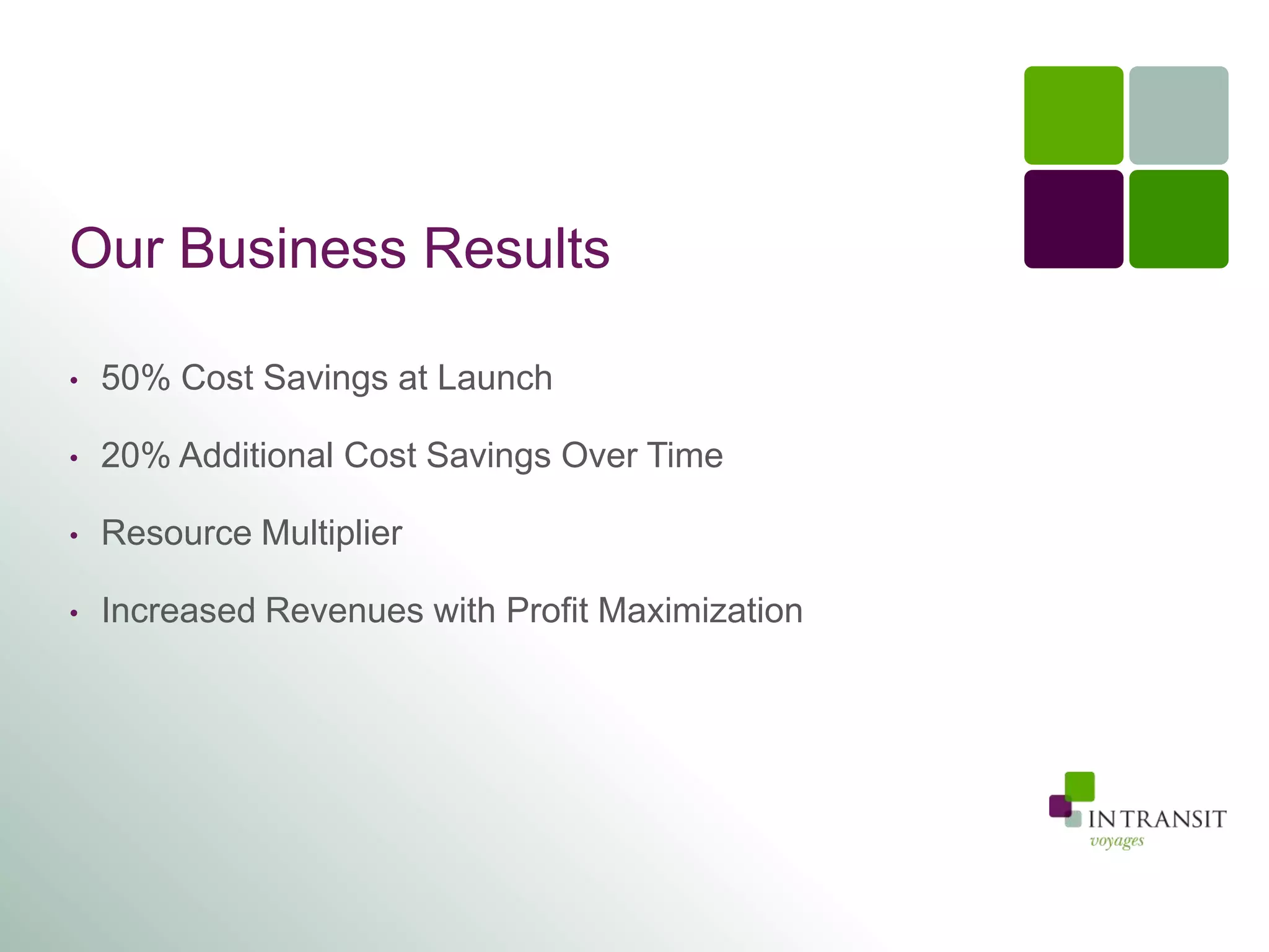 Our Business Results

•   50% Cost Savings at Launch

•   20% Additional Cost Savings Over Time

•   Resource Multiplier

•   Increased Revenues with Profit Maximization
 