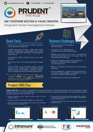 contact@intransure.com +1 929 900 8026 / +91 972 505 3239
Prudentvms plus
TM
360° CUSTOMER SUCCESS & VALUE CREATION
Integrated Vendor Management Solution
Quick Facts
Intransure is an ISO 9001:2015 certified company
and a member of NASSCOM
Flexible Engagement models – Agile, Sprint based
project management, development and imple-
mentation, along with the finesse to deliver best in
class solutions
Committed to 360° customer success and value
creation
Team of over 100+, with rich & varied domain exper-
tise
Client portfolio covers diversified industry verticals
ranging from Government, Semi-Government,
Retail, Manufacturing, Energy, IT, Telecom, Health-
care, Hospitality to NGO/Charitable organizations
It is in the DNA of Intransure that drives us to
constantly INVENT new solutions, TRANSFORM
customer processes and ASSURE the customer of
360° success and value creation
Business Challenges
Risks associated with empanelling
external vendors
Compliance with applicable laws,
regulations and secure best practices
Reliable mechanisms do not exist - spreadsheets
and word processing tools no longer meet the
requirements of businesses
Failure in managing vendor contracts leads to
ambiguity, conflict of interest, legalities
and increased costs
Breach of contracts are harmful for your business
reputation
Lack of digitization – paper contracts are prone to
issues like storage, legibility, accessibility & security
as well as increased carbon footprint
Managing vendor audits are cumbersome
Prudent VMS Plus is a vendor management solution built keeping in mind EDI (Electronic Data Interchange) carbon
footprint reduction and overall digitization of conventional vendor management processes. This solution solves problems
that businesses face when they work with:
Multiple vendors across various services some of them
business critical
Multiple contracts including due diligence and renewal
Back and forth contract negotiations along with increased
paperwork and management
Increased turn-around time during negotiation stage as
contracts are sent for review to multiple departments
before finalizing them
Physical contract renewal as well as licenses and permits
required by law
Prudent VMS Plus
TM
AN ISO 9001:2015
CERTIFIED COMPANY MEMBER
 