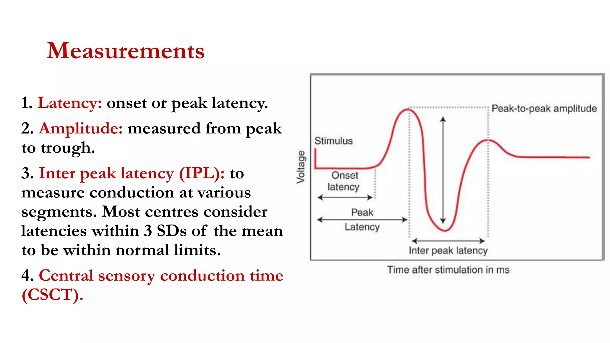 Measurements
1. Latency: onset or peak latency.
2. Amplitude: measured from peak
to trough.
3. Inter peak latency (IPL): to
measure conduction at various
segments. Most centres consider
latencies within 3 SDs of the mean
to be within normal limits.
4. Central sensory conduction time
(CSCT).
 