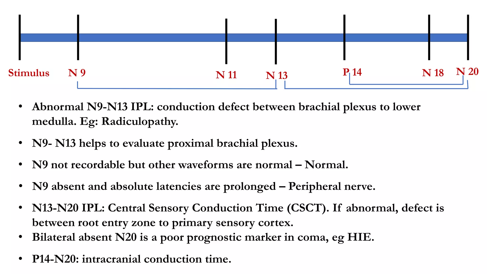 Stimulus N 9 N 13 P 14 N 20N 11 N 18
• Abnormal N9-N13 IPL: conduction defect between brachial plexus to lower
medulla. Eg: Radiculopathy.
• N13-N20 IPL: Central Sensory Conduction Time (CSCT). If abnormal, defect is
between root entry zone to primary sensory cortex.
• Bilateral absent N20 is a poor prognostic marker in coma, eg HIE.
• N9 not recordable but other waveforms are normal – Normal.
• N9 absent and absolute latencies are prolonged – Peripheral nerve.
• N9- N13 helps to evaluate proximal brachial plexus.
• P14-N20: intracranial conduction time.
 