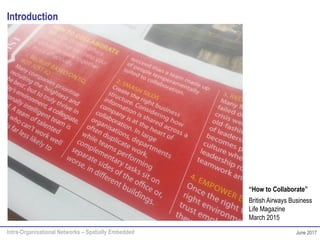 Intra-Organisational Networks – Spatially Embedded June 2017
Introduction
“How to Collaborate”
British Airways Business
Life Magazine
March 2015
 