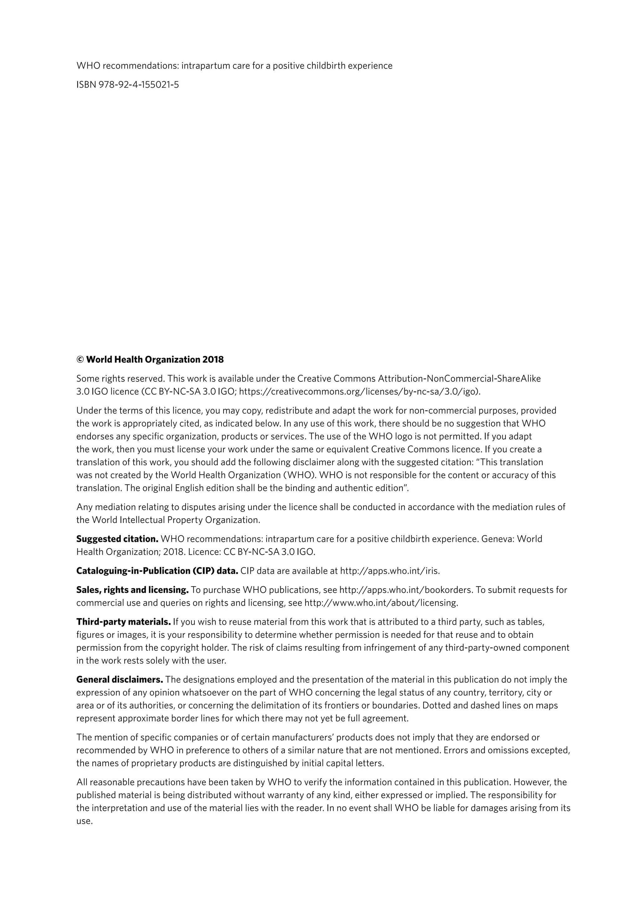 WHO recommendations Intrapartum care for a positive childbirth ...