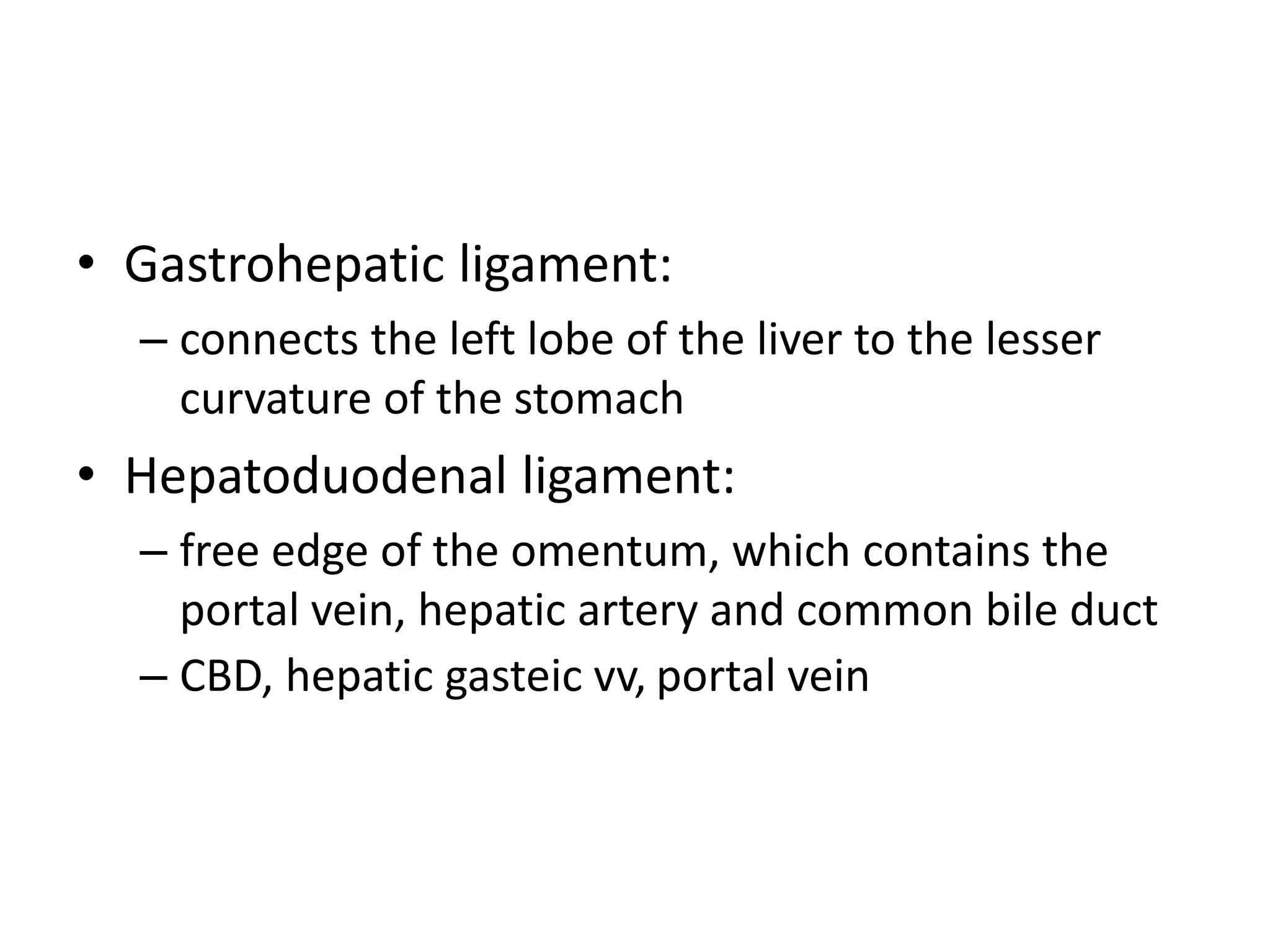 • Gastrohepatic ligament:
– connects the left lobe of the liver to the lesser
curvature of the stomach
• Hepatoduodenal ligament:
– free edge of the omentum, which contains the
portal vein, hepatic artery and common bile duct
– CBD, hepatic gasteic vv, portal vein
 