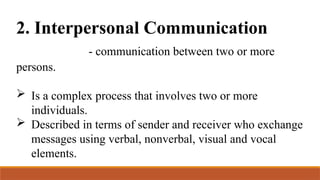 2. Interpersonal Communication
- communication between two or more
persons.
 Is a complex process that involves two or more
individuals.
 Described in terms of sender and receiver who exchange
messages using verbal, nonverbal, visual and vocal
elements.
 