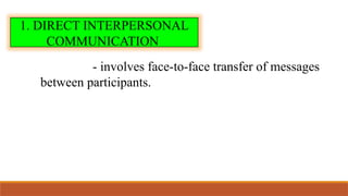 1. DIRECT INTERPERSONAL
COMMUNICATION
- involves face-to-face transfer of messages
between participants.
 