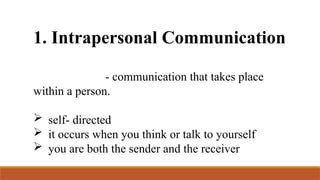 1. Intrapersonal Communication
- communication that takes place
within a person.
 self- directed
 it occurs when you think or talk to yourself
 you are both the sender and the receiver
 