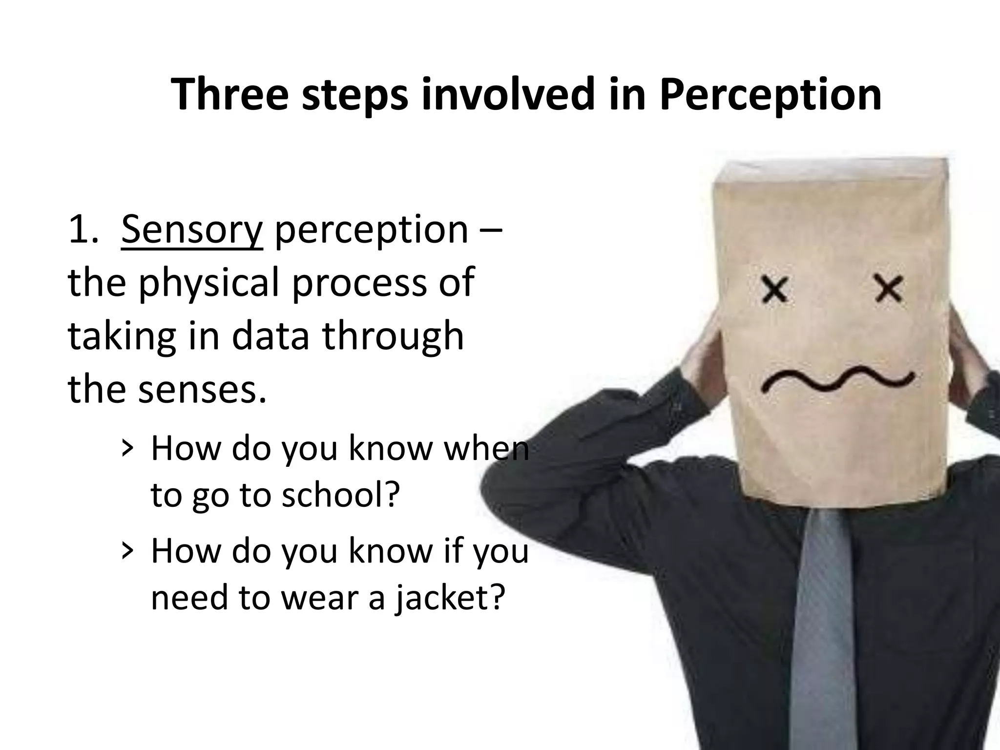 Three steps involved in Perception

1. Sensory perception –
the physical process of
taking in data through
the senses.
  › How do you know when
    to go to school?
  › How do you know if you
    need to wear a jacket?
 