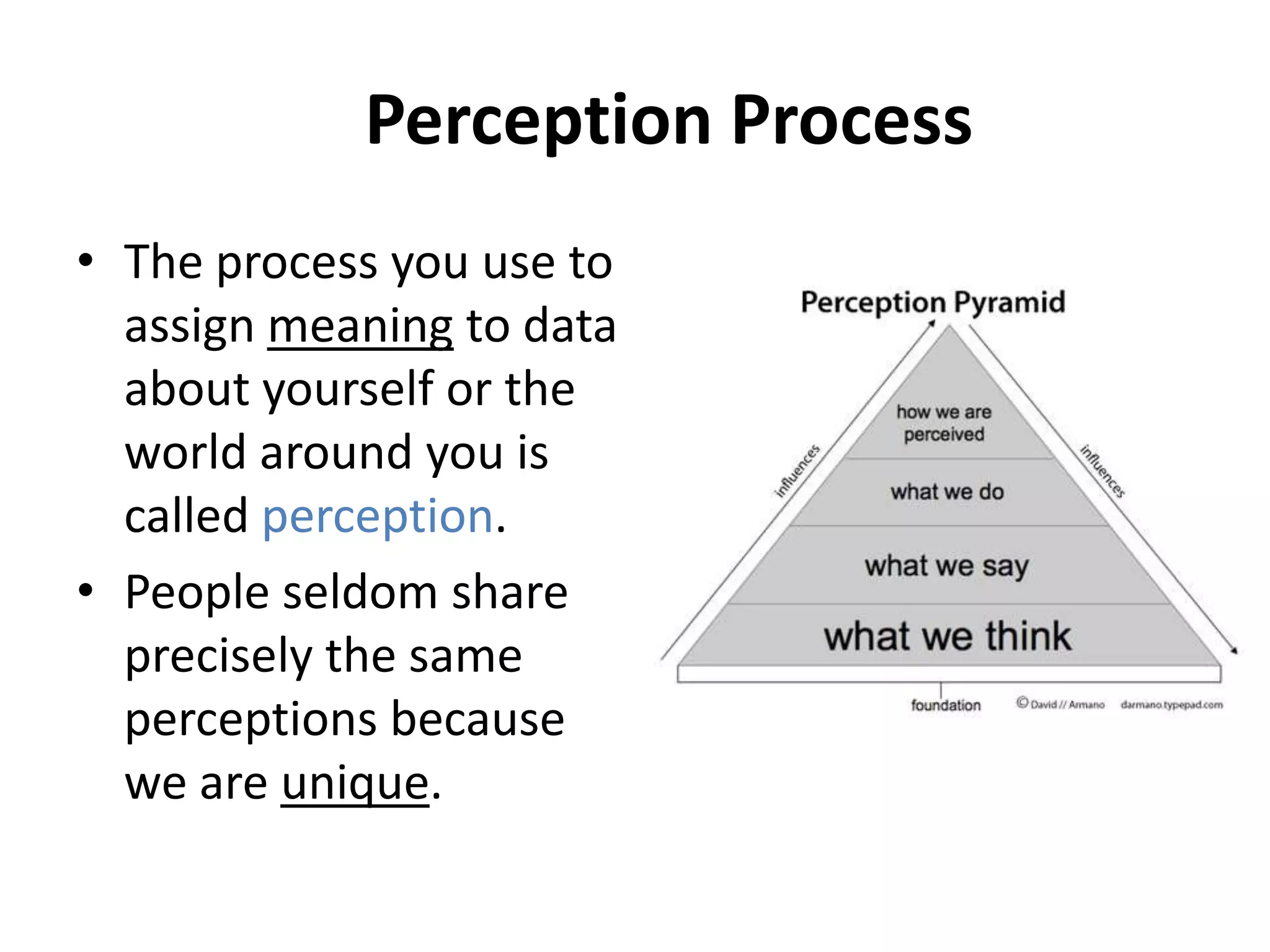 Perception Process
• The process you use to
  assign meaning to data
  about yourself or the
  world around you is
  called perception.
• People seldom share
  precisely the same
  perceptions because
  we are unique.
 