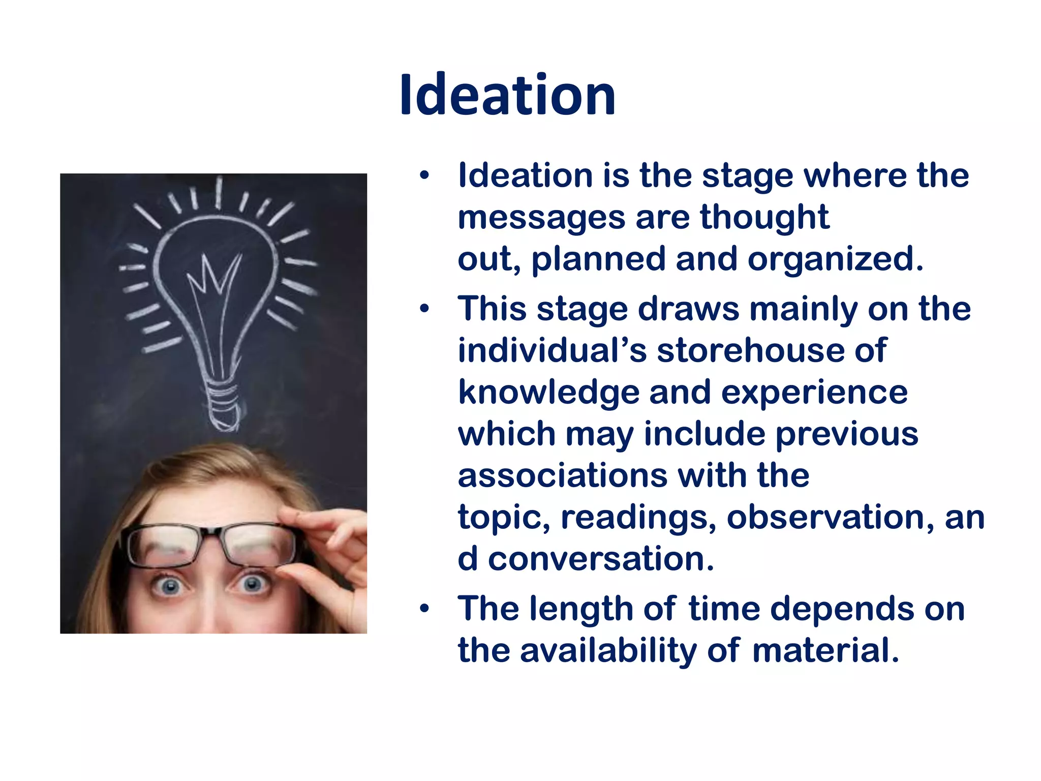 Ideation
• Ideation is the stage where the
  messages are thought
  out, planned and organized.
• This stage draws mainly on the
  individual’s storehouse of
  knowledge and experience
  which may include previous
  associations with the
  topic, readings, observation, an
  d conversation.
• The length of time depends on
  the availability of material.
 