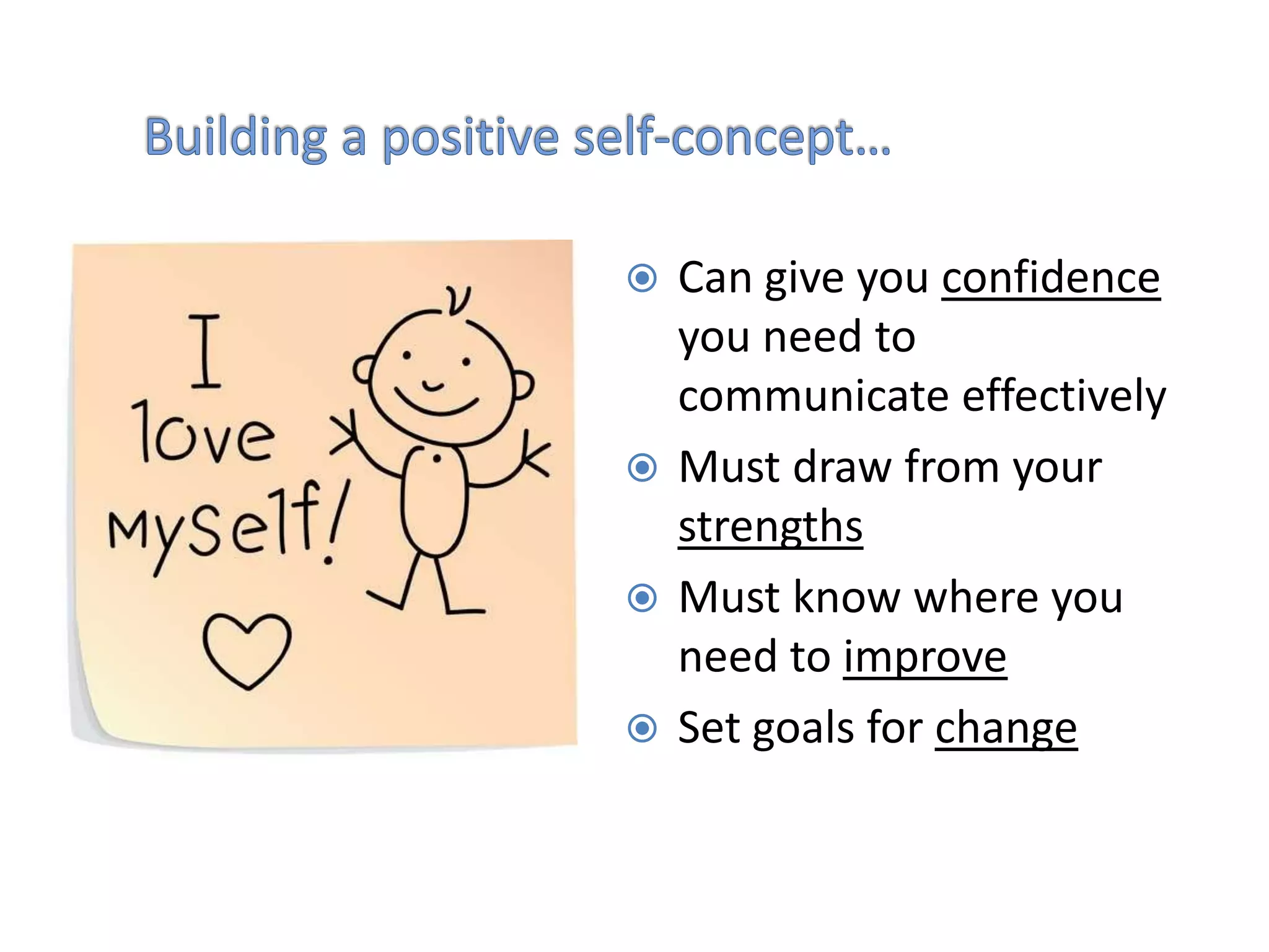  Can give you confidence
  you need to
  communicate effectively
 Must draw from your
  strengths
 Must know where you
  need to improve
 Set goals for change
 