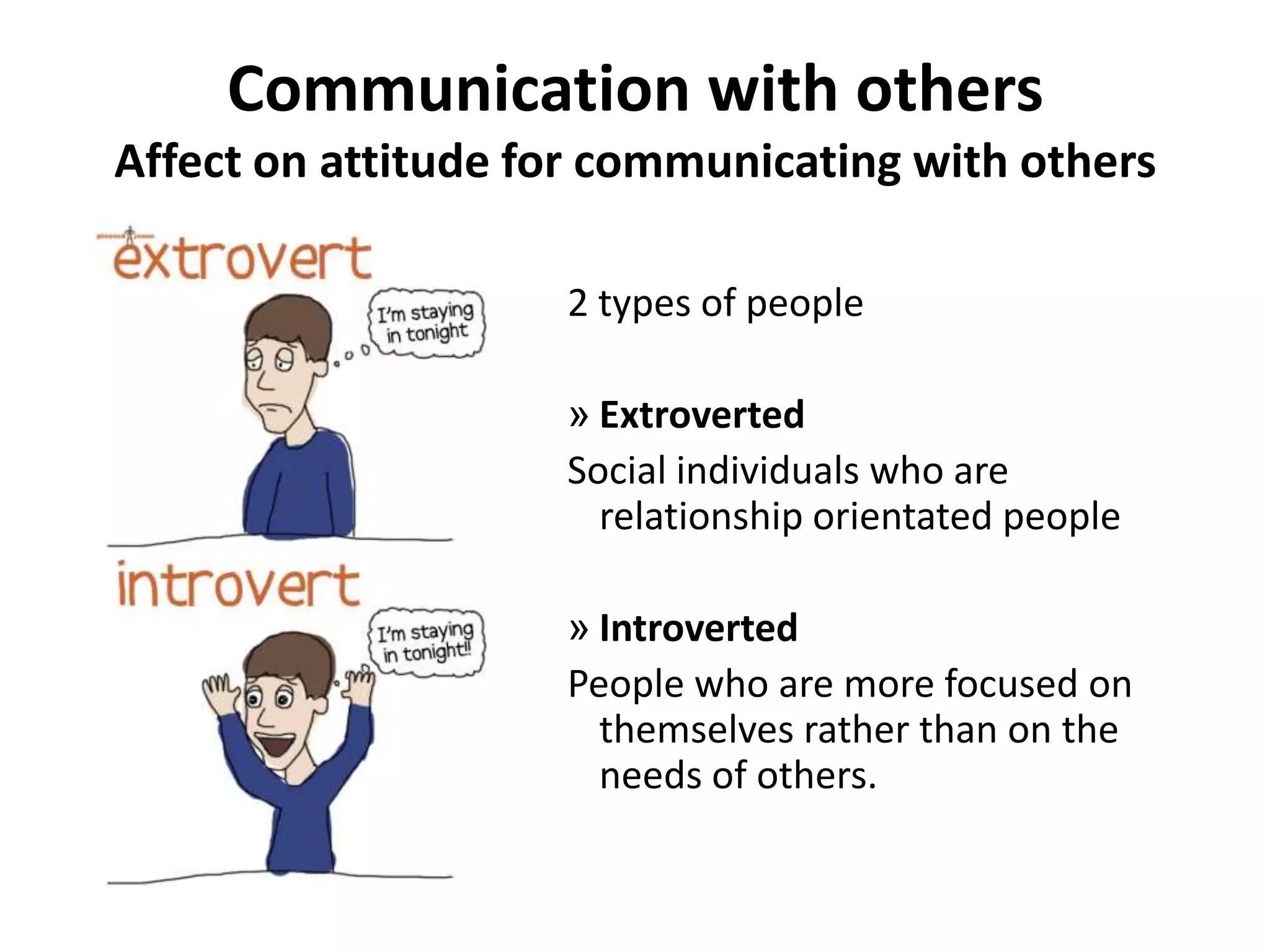 Communication with others
Affect on attitude for communicating with others

                    2 types of people

                    » Extroverted
                    Social individuals who are
                      relationship orientated people

                    » Introverted
                    People who are more focused on
                      themselves rather than on the
                      needs of others.
 