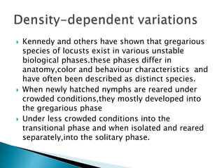  Kennedy and others have shown that gregarious
species of locusts exist in various unstable
biological phases.these phases differ in
anatomy,color and behaviour characteristics and
have often been described as distinct species.
 When newly hatched nymphs are reared under
crowded conditions,they mostly developed into
the gregarious phase
 Under less crowded conditions into the
transitional phase and when isolated and reared
separately,into the solitary phase.
 