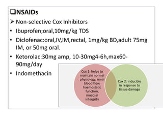 NSAIDs
 Non-selective Cox Inhibitors
• Ibuprofen;oral,10mg/kg TDS
• Diclofenac:oral,IV,IM,rectal, 1mg/kg BD,adult 75mg
IM, or 50mg oral.
• Ketorolac:30mg amp, 10-30mg4-6h,max60-
90mg/day
• Indomethacin Cox 1: helps to
maintain normal
physiology, renal
blood flow,
haemostatic
function,
mucosal
intergrity
Cox 2: inducible
in response to
tissue damage
 