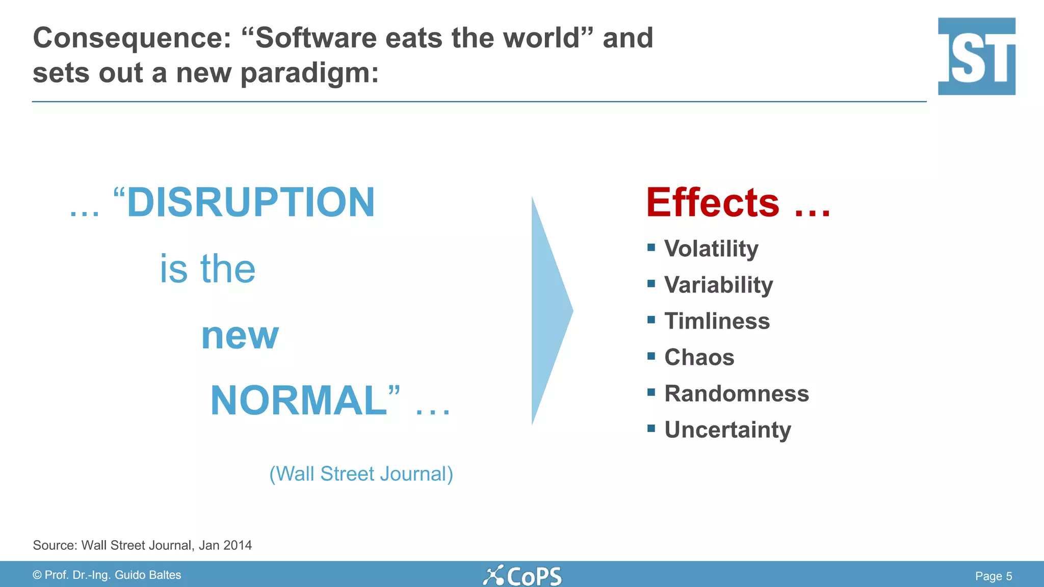 Page 5© Prof. Dr.-Ing. Guido Baltes
Consequence: “Software eats the world” and
sets out a new paradigm:
© Prof. Dr.-Ing. Guido Baltes
... “DISRUPTION
is the
new
NORMAL” …
(Wall Street Journal)
Source: Wall Street Journal, Jan 2014
Effects …
 Volatility
 Variability
 Timliness
 Chaos
 Randomness
 Uncertainty
 