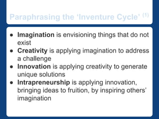 Paraphrasing the ‘Inventure Cycle’ (1) 
● Imagination is envisioning things that do not 
exist 
● Creativity is applying imagination to address 
a challenge 
● Innovation is applying creativity to generate 
unique solutions 
● Intrapreneurship is applying innovation, 
bringing ideas to fruition, by inspiring others’ 
imagination 
 