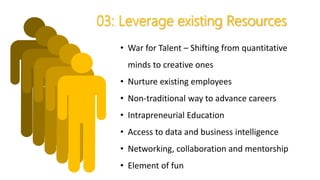 03: Leverage existing Resources
• War for Talent – Shifting from quantitative
minds to creative ones
• Nurture existing employees
• Non-traditional way to advance careers
• Intrapreneurial Education
• Access to data and business intelligence
• Networking, collaboration and mentorship
• Element of fun
-40
 