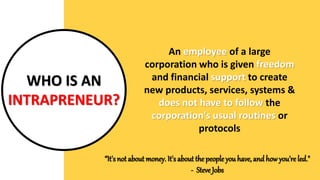 WHO IS AN
INTRAPRENEUR?
An employee of a large
corporation who is given freedom
and financial support to create
new products, services, systems &
does not have to follow the
corporation's usual routines or
protocols
“It'snot about money. It's about the people you have, and how you're led."
- Steve Jobs
 