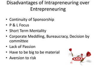 Disadvantages of Intrapreneuring over
Entrepreneuring
• Continuity of Sponsorship
• P & L Focus
• Short Term Mentality
• Corporate Meddling, Bureaucracy, Decision by
committee
• Lack of Passion
• Have to be big to be material
• Aversion to risk
 