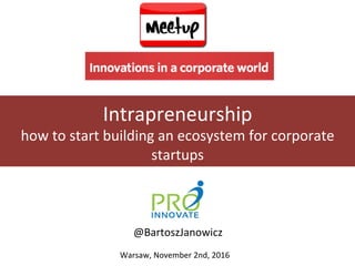 Warsaw,	
  November	
  2nd,	
  2016	
  
Intrapreneurship	
  	
  
how	
  to	
  start	
  building	
  an	
  ecosystem	
  for	
  corporate	
  
startups	
  
@BartoszJanowicz	
  
 