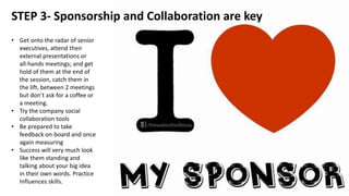 STEP 3- Sponsorship and Collaboration are key
• Get onto the radar of senior
executives, attend their
external presentations or
all-hands meetings; and get
hold of them at the end of
the session, catch them in
the lift, between 2 meetings
but don’t ask for a coffee or
a meeting.
• Try the company social
collaboration tools
• Be prepared to take
feedback on-board and once
again measuring
• Success will very much look
like them standing and
talking about your big idea
in their own words. Practice
Influences skills.
 