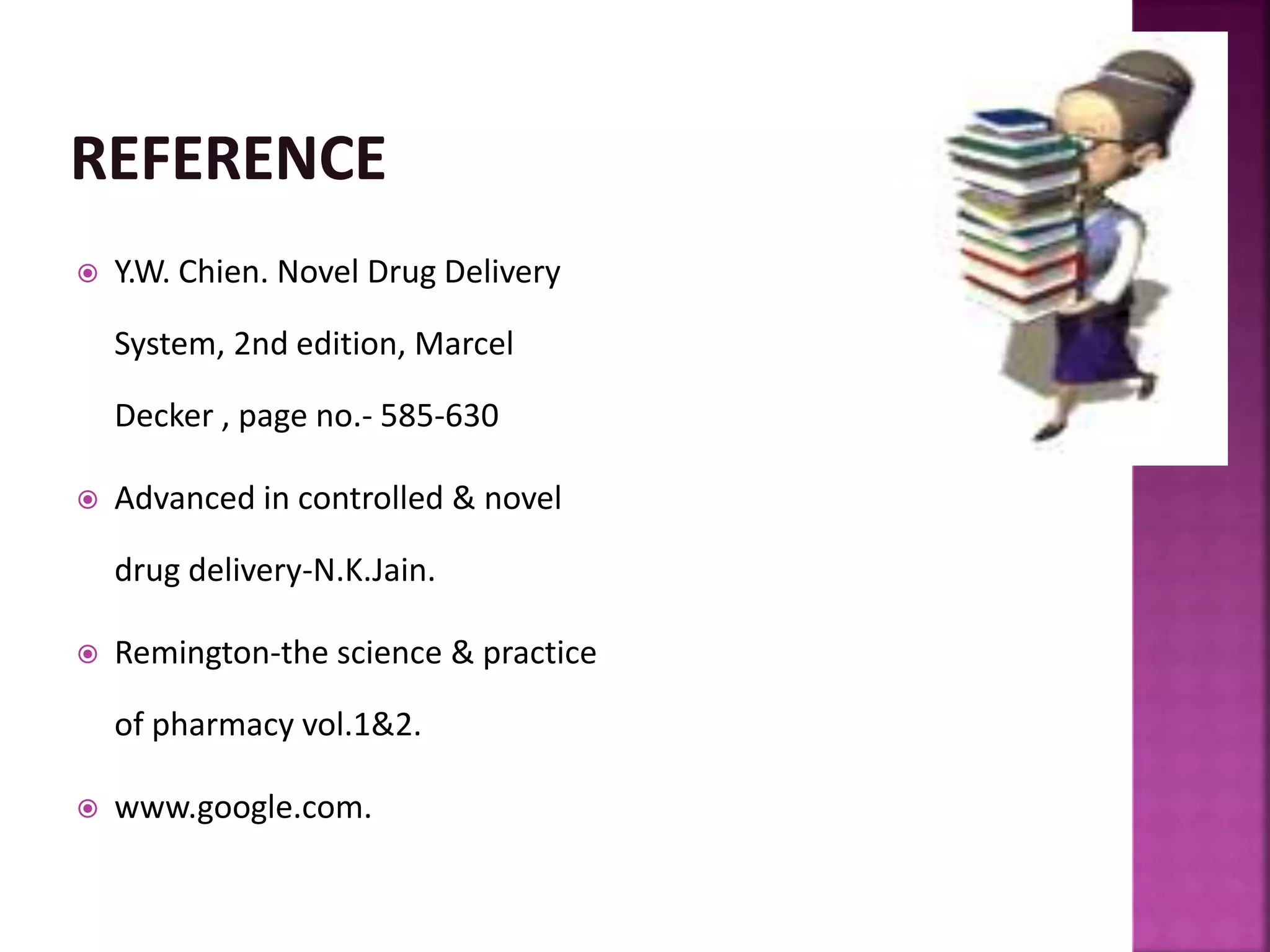  Y.W. Chien. Novel Drug Delivery
System, 2nd edition, Marcel
Decker , page no.- 585-630
 Advanced in controlled & novel
drug delivery-N.K.Jain.
 Remington-the science & practice
of pharmacy vol.1&2.
 www.google.com.
 