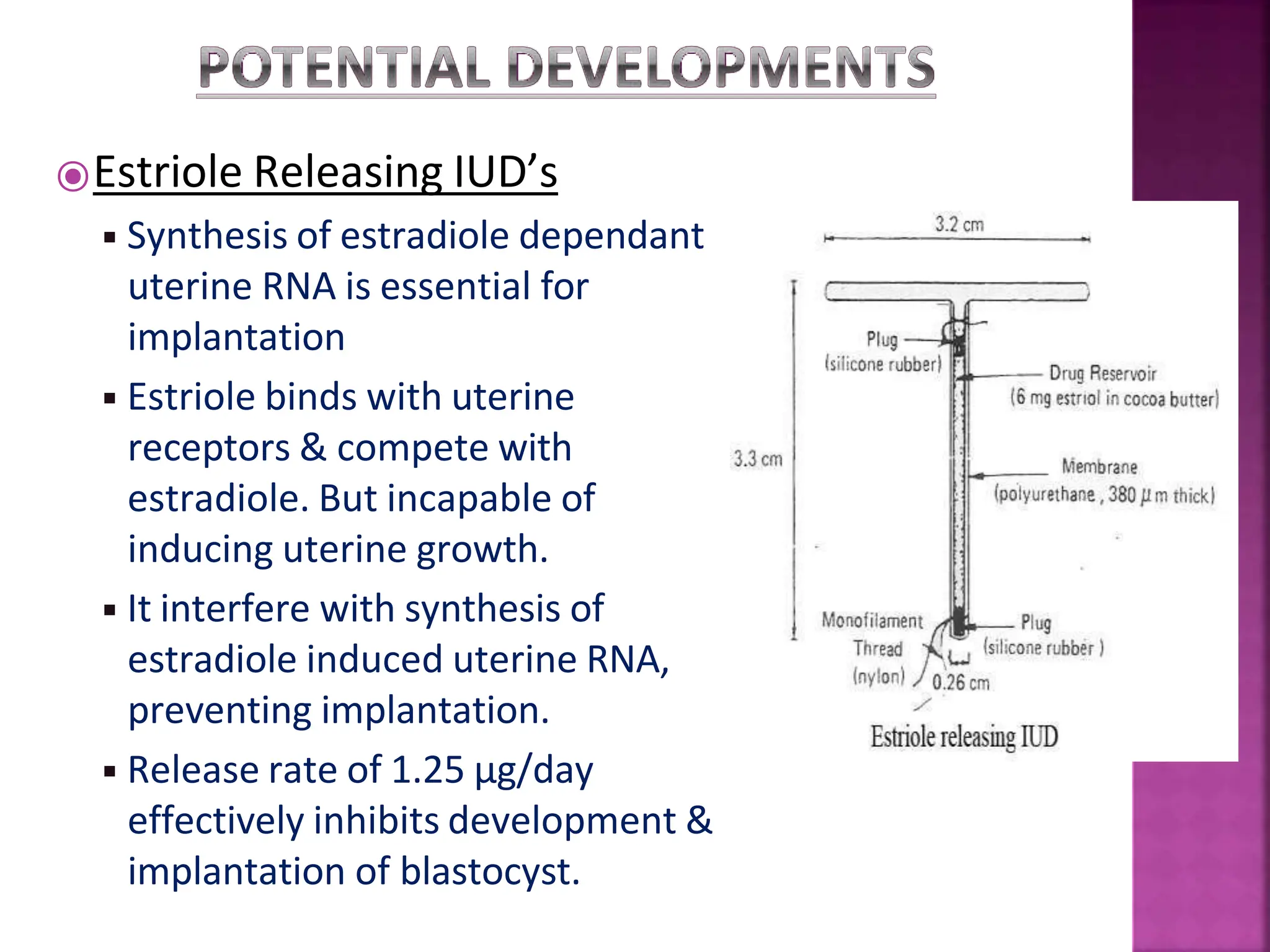 ⦿Estriole Releasing IUD’s
◾Synthesis of estradiole dependant
uterine RNA is essential for
implantation
◾Estriole binds with uterine
receptors & compete with
estradiole. But incapable of
inducing uterine growth.
◾It interfere with synthesis of
estradiole induced uterine RNA,
preventing implantation.
◾Release rate of 1.25 µg/day
effectively inhibits development &
implantation of blastocyst.
 