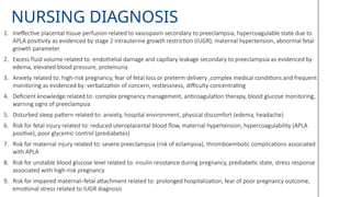 NURSING DIAGNOSIS
1. Ineffective placental tissue perfusion related to vasospasm secondary to preeclampsia, hypercoagulable state due to
APLA positivity as evidenced by stage 2 intrauterine growth restriction (IUGR), maternal hypertension, abnormal fetal
growth parameter
2. Excess fluid volume related to: endothelial damage and capillary leakage secondary to preeclampsia as evidenced by
edema, elevated blood pressure, proteinuria
3. Anxiety related to: high-risk pregnancy, fear of fetal loss or preterm delivery ,complex medical conditions and frequent
monitoring as evidenced by: verbalization of concern, restlessness, difficulty concentrating
4. Deficient knowledge related to: complex pregnancy management, anticoagulation therapy, blood glucose monitoring,
warning signs of preeclampsia
5. Disturbed sleep pattern related to: anxiety, hospital environment, physical discomfort (edema, headache)
6. Risk for fetal injury related to: reduced uteroplacental blood flow, maternal hypertension, hypercoagulability (APLA
positive), poor glycemic control (prediabetes)
7. Risk for maternal injury related to: severe preeclampsia (risk of eclampsia), thromboembolic complications associated
with APLA
8. Risk for unstable blood glucose level related to: insulin resistance during pregnancy, prediabetic state, stress response
associated with high-risk pregnancy
9. Risk for impaired maternal–fetal attachment related to: prolonged hospitalization, fear of poor pregnancy outcome,
emotional stress related to IUGR diagnosis
 