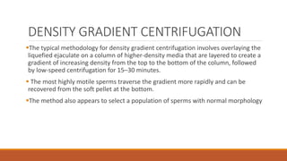 DENSITY GRADIENT CENTRIFUGATION
The typical methodology for density gradient centrifugation involves overlaying the
liquefied ejaculate on a column of higher-density media that are layered to create a
gradient of increasing density from the top to the bottom of the column, followed
by low-speed centrifugation for 15–30 minutes.
 The most highly motile sperms traverse the gradient more rapidly and can be
recovered from the soft pellet at the bottom.
The method also appears to select a population of sperms with normal morphology
 