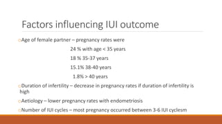 Factors influencing IUI outcome
oAge of female partner – pregnancy rates were
24 % with age < 35 years
18 % 35-37 years
15.1% 38-40 years
1.8% > 40 years
oDuration of infertility – decrease in pregnancy rates if duration of infertility is
high
oAetiology – lower pregnancy rates with endometriosis
oNumber of IUI cycles – most pregnancy occurred between 3-6 IUI cyclesm
 