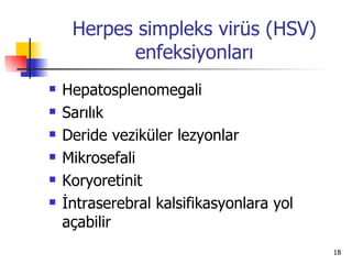 Herpes simpleks virüs (HSV)
           enfeksiyonları
   Hepatosplenomegali
   Sarılık
   Deride veziküler lezyonlar
   Mikrosefali
   Koryoretinit
   İntraserebral kalsifikasyonlara yol
    açabilir
                                          18
 