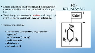EG:-
IOTHALAMATE
• Anions consisting of a benzoic acid molecule with
three atoms of iodine firmly attached at C2, C4 &
C6....